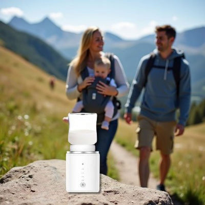 Chauffe biberon ThermoWarm Pro blanc utilisé en pleine randonnée par une famille avec bébé en porte-bébé.