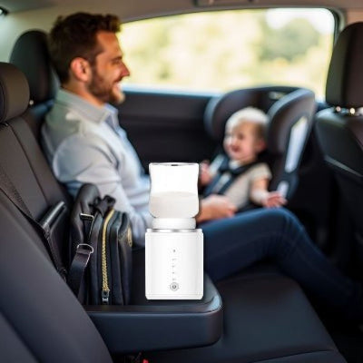 Chauffe biberon ThermoWarm Pro en position sur accoudoir central d’une voiture, avec un papa assis à côté de son bébé.