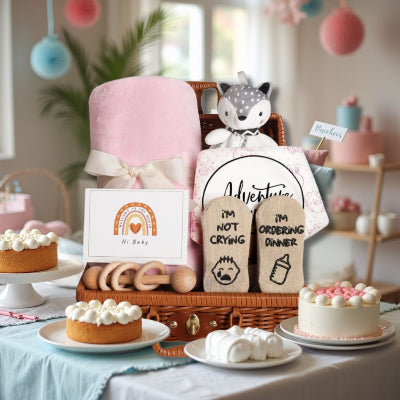 Coffret naissance bébé sur une table de fête avec gâteaux, décoration pastel et ambiance conviviale, idéal comme cadeau de baby shower.