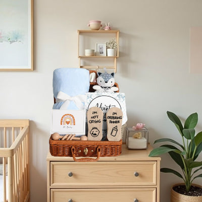 Coffret Naissance Bébé posé sur une commode dans une chambre d’enfant, parfait comme idée cadeau bébé décorative et utile dès la naissance