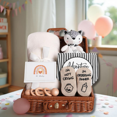 Coffret naissance bébé Toudou™ exposé sur une table décorée pour une baby shower, avec ballons pastel et fanions, idéal comme coffret cadeau fille ou garçon.