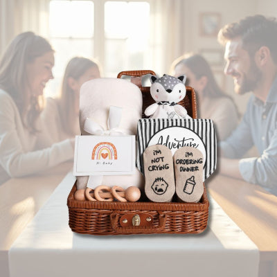 Coffret naissance bébé Toudou™ mis en scène sur une table lors d'une réunion familiale chaleureuse, parfait pour un cadeau de naissance original et symbolique.