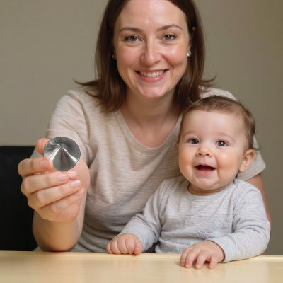 Jeune maman montrant une coupelle d’allaitement en argent près de son bébé, outil de soulagement rapide contre les crevasses et sensibilités du sein