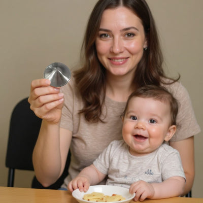 Maman souriante tenant une coupelle d’allaitement en argent SilkiNipple™, assise avec son bébé heureux – solution naturelle contre les douleurs d’allaitement