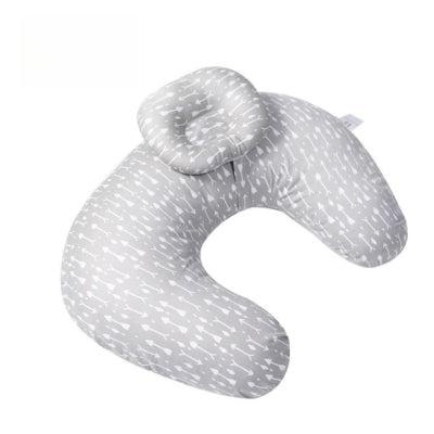 Coussin d’allaitement gris à motifs flèches blanches, design moderne, soutien optimal pour allaitement ou biberon, oreiller intégré amovible