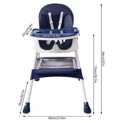 Chaise haute bébé bleue avec mesures détaillées, coussin PU doux et plateau ajustable, idéale comme chaise haute de voyage bébé.