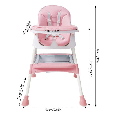 Chaise haute bébé rose avec dimensions indiquées, siège repas bébé réglable en hauteur, adaptée aux enfants dès 6 mois.