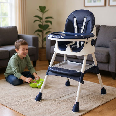 Chaise haute bébé bleue avec coussin confortable, harnais sécurisé et plateau repas, adaptée comme chaise haute enfant 5 ans pour repas pratiques à la maison.