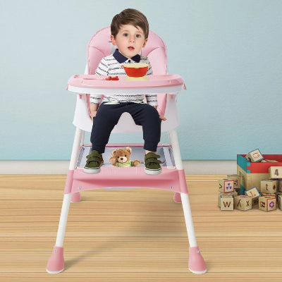 Chaise haute bébé rose avec plateau repas et coussin moelleux, parfaite comme chaise haute enfant évolutive pour repas confortables.