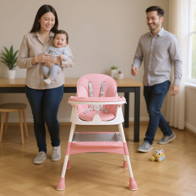 Chaise haute bébé rose confortable avec harnais sécurisé, utilisée comme siège repas bébé pratique dans la salle à manger familiale.
