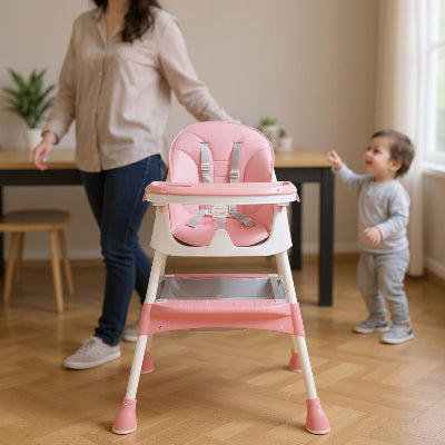 Chaise haute bébé rose avec harnais de sécurité et plateau repas amovible, idéale comme chaise haute de table pliable pour bébé et enfant.