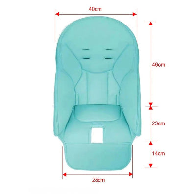 Coussin réducteur pour chaise haute bébé turquoise avec dimensions 46x40 cm dossier, 28x23 cm assise et rabat frontal 14 cm, compatible avec la plupart des modèles.