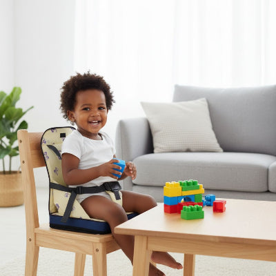 Coussin réhausseur pour chaise couleur jaune avec harnais sécurisé, bébé assis en toute stabilité en train de jouer avec des cubes dans le salon, solution pratique comme coussin surelevateur enfant et rehausseur table à manger.