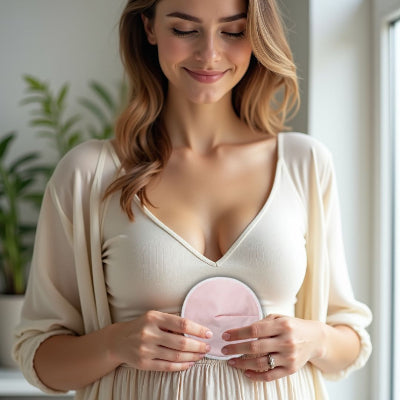 Femme souriante testant le coussinet d'allaitement PurePastel™ pour un confort optimal et une absorption parfaite des fuites de lait.