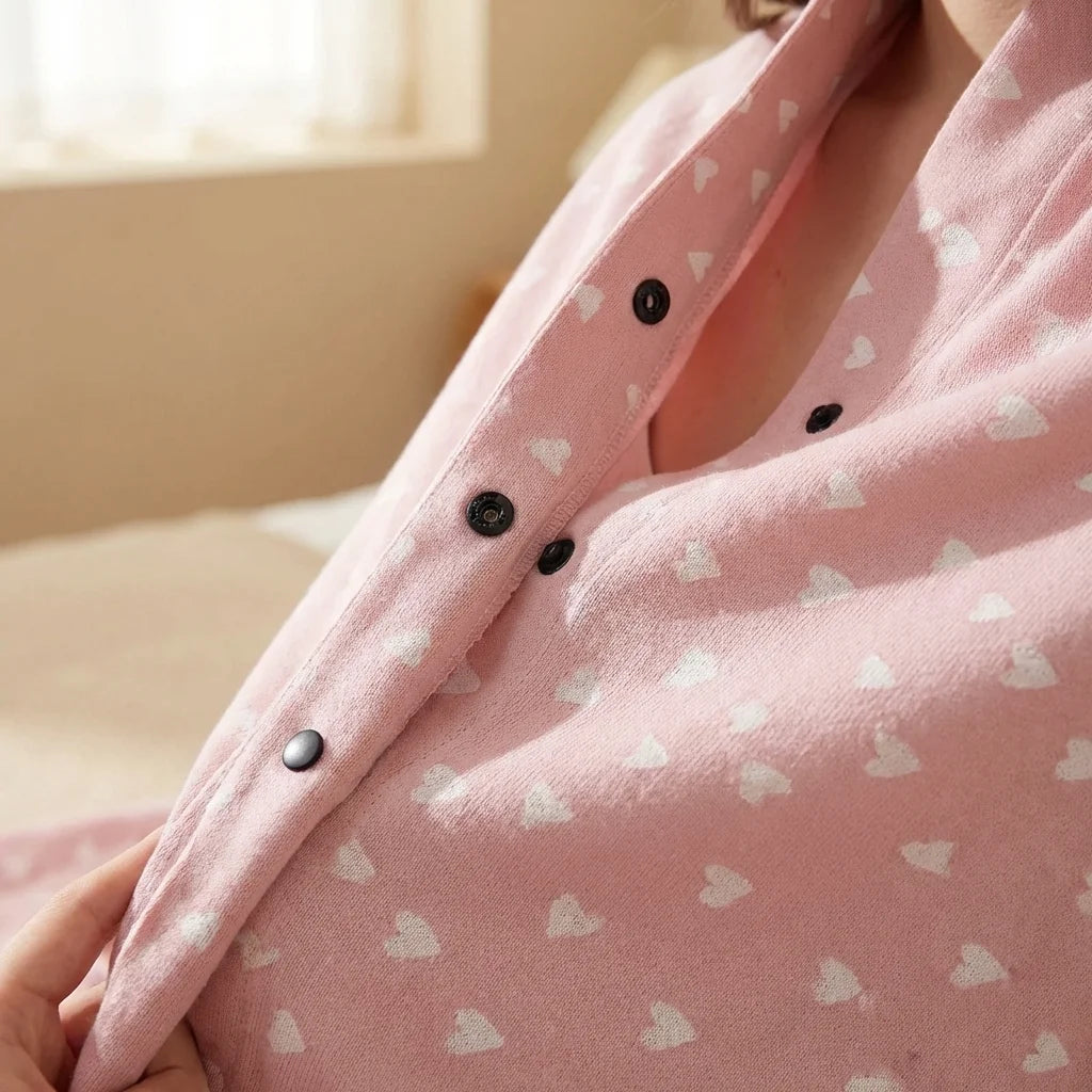 Gros plan fermeture écharpe d'allaitement DouxVoile rose — boutons pression noirs ajustables sur toute la longueur, coton doux motif cœurs