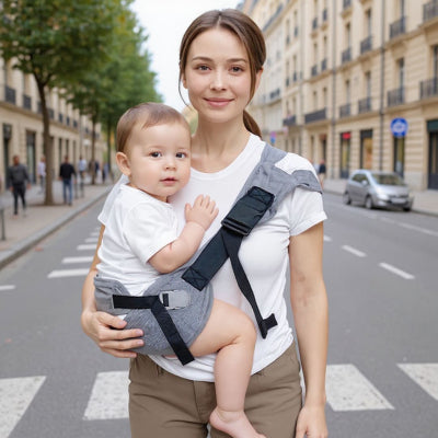 Allaitement discret en écharpe de portage dans un look casual, maman détendue profitant d’un moment calme avec son bébé.