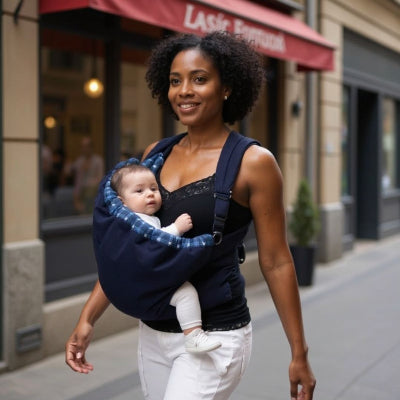 Maman portant son bébé en écharpe de portage allaitement NursingSling bleu marine avec intérieur à motif plaid, confort et portage physiologique en extérieur.