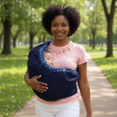 Maman en t-shirt rose portant son bébé confortablement dans une écharpe de portage allaitement ergonomique bleu marine, sortie au parc.