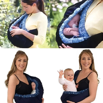 Différentes utilisations de l’écharpe de portage allaitement NursingSling, maman portant bébé en promenade et en allaitement discret à la maison.