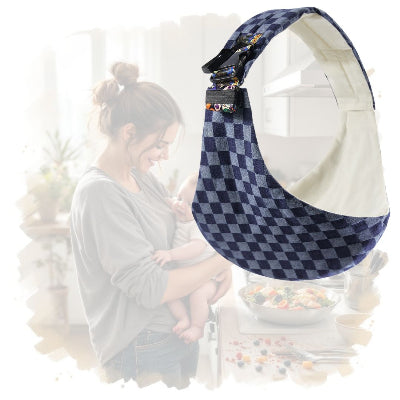 Maman portant son bébé en écharpe de portage à carreaux bleu dans sa cuisine – portage pratique et sécuritaire à la maison.