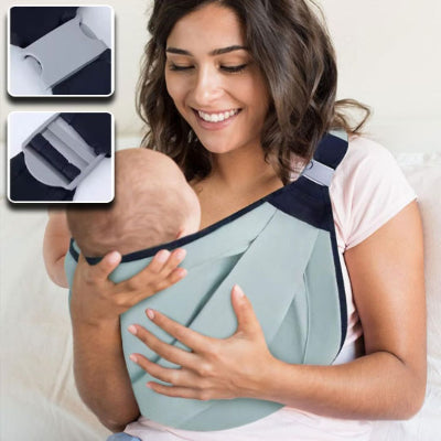 Écharpe de portage grise portée en balade extérieure, bébé en sécurité et bien maintenu, solution mains libres.