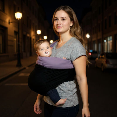 Maman en balade nocturne en ville avec son bébé éveillé dans une écharpe de portage noir et lavande, éclairage public chaleureux et ambiance urbaine calme.