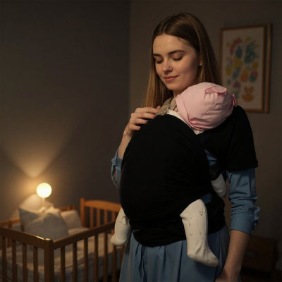 Maman en robe bleue dans une chambre tamisée tenant son bébé endormi contre elle dans une écharpe de portage noire, éclairage doux et berceau en arrière-plan.