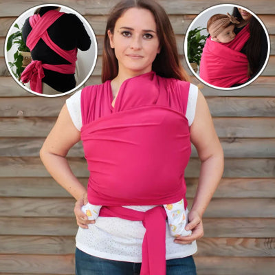 Femme avec écharpe de portage rose tenant bébé contre elle, accompagnée d’illustrations montrant deux autres positions de nouage possibles, contexte tutoriel.
