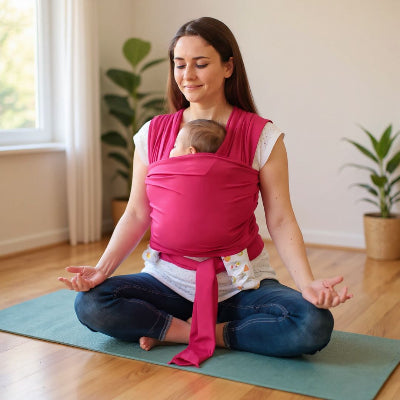 Jeune maman assise en tailleur sur un tapis de yoga portant son bébé dans une écharpe de portage rose, séance de méditation en lumière naturelle.