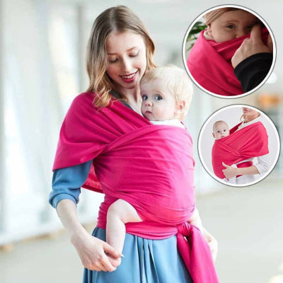 Maman portant son bébé dans une écharpe de portage rose, entourée de deux encarts illustrant le nouage et un allaitement discret en position verticale.