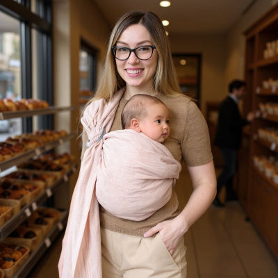 Maman portant son bébé éveillé dans une écharpe de portage sans nœud rose pâle, pratique pour allaiter discrètement même en sortie.