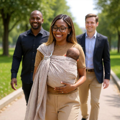 Maman souriante portant son bébé dans une écharpe de portage sans nœud beige, système à anneaux en tissu respirant, offrant un portage physiologique et sécurisant en promenade.