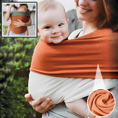 Bébé souriant porté contre sa maman dans une écharpe de portage terracotta et crème, vue rapprochée sur la texture douce et extensible du tissu, avec encart montrant une variante verte en intérieur.