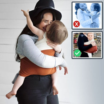 Maman en chapeau jouant avec son enfant dans une écharpe de portage terracotta et crème, comparatif visuel mettant en évidence la bonne posture du portage physiologique.
