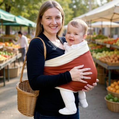 Maman portant son bébé dans une écharpe de portage terracotta et crème sur un marché de fruits et légumes, panier en osier au bras, scène en plein air conviviale.