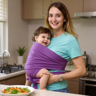 Maman active avec bébé en écharpe de portage, profitant d’une totale liberté de mouvement pour cuisiner ou télétravailler.