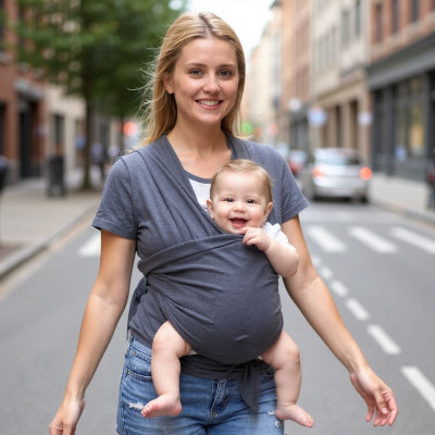 Jeune maman en promenade avec son bébé en écharpe de portage violette, profitant d’un moment de liberté en extérieur tout en maintenant le lien peau à peau.