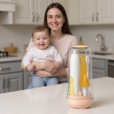 Goupillon biberon électrique jaune pastel dans son coffret rigide, posé sur un plan de travail de cuisine, avec une jeune maman souriante tenant son bébé dans les bras en arrière-plan. Idéal pour un nettoyage automatique et hygiénique des biberons au quotidien.
