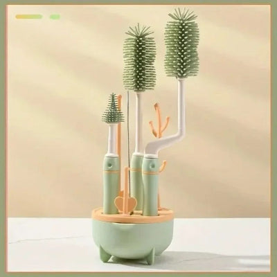 Kit goupillon biberon vert tendre avec brosse incurvée, tétine, paille et support design, pour une hygiène parfaite des accessoires d’allaitement