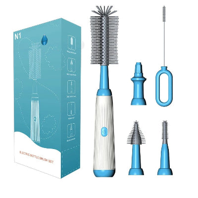 Goupillon électrique bleu pour biberon avec brosses en silicone alimentaire