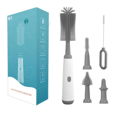 Goupillon électrique pour biberon avec kit complet gris et accessoires en silicone