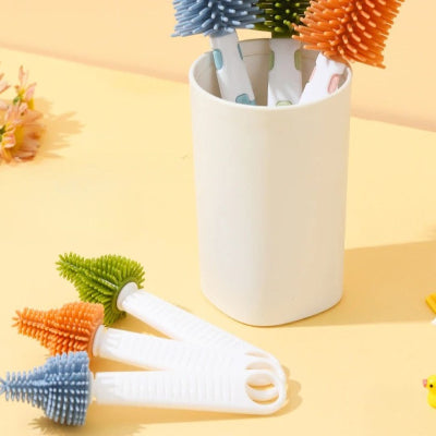 Ensemble de goupillons pour biberon en silicone multicolores avec support, idéal comme kit nettoyage biberon pour éliminer les résidus de lait.