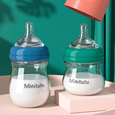 Lot de biberons en verre 160 ml avec tétines physiologiques bleu et vert, idéal pour nouveau-né et allaitement mixte