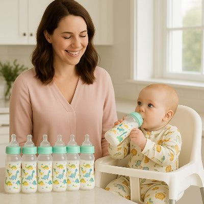 Cinq biberons pour bébé aux bouchons multicolores, ornés de motifs variés (dinosaures, renards, licornes, nounours) – choix de biberons originaux et joyeux.