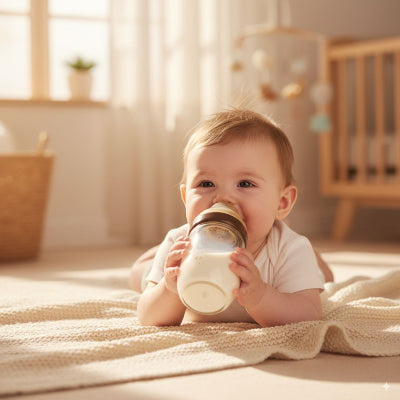 Bébé jouant et tétant le meilleur biberon anti colique en verre, dans une ambiance douce et lumineuse.