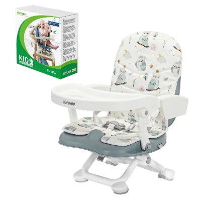 Rehausseur de table enfant pliable avec assise rembourrée motif hiboux, harnais de sécurité et plateau repas détachable, pratique comme chaise rehausseur enfant.