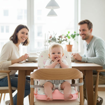 Bébé installé dans un rehausseur chaise pliable rose à motif flamants, participant aux repas familiaux autour de la table, parfait comme chaise bébé de voyage compacte et sécurisée.