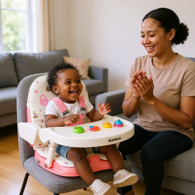 Bébé heureux jouant avec des jouets éducatifs depuis un rehausseur chaise pliable rose, un siège nomade bébé confortable et sécurisé pour les activités et repas à la maison.
