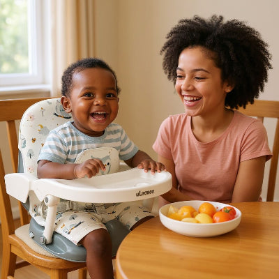 Rehausseur chaise bébé pliable motif hiboux gris, utilisé comme chaise rehausseur enfant à table, siège nomade bébé idéal pour les repas en famille ou en voyage.