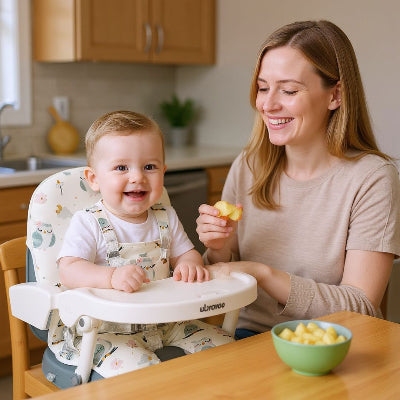 Rehausseur chaise bébé pliable motif hiboux utilisé à la maison, bébé confortablement installé à table avec sa maman pour partager un repas en toute sérénité.